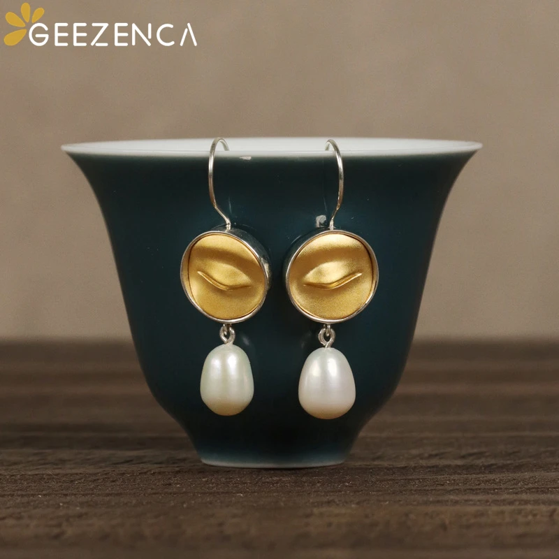 GEEZENCA 925 Silver Two Tone Natural Pearl Dangle Earrings for Women Buddha Statues Bodhisattva Eye Unique Chic Earring New Gift