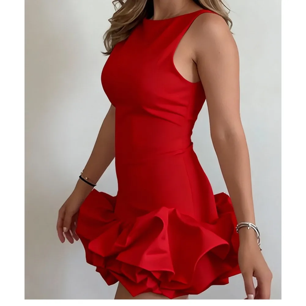 

Fungus Edge Stitching Bud Solid Color Dress Summer Women's Fashion Sleeveless Round Neck Slim Dress Vestidos De Fiesta Elegantes