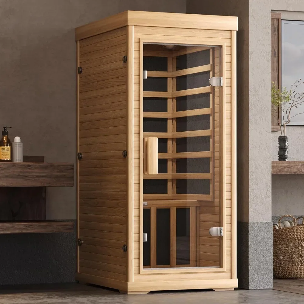 Sauna infrarroja para el hogar, Sauna seca interior de madera Hemlock, temperatura del tiempo, preconfiguración de calentadores EMF bajos, paneles de 10 minutos precalientes