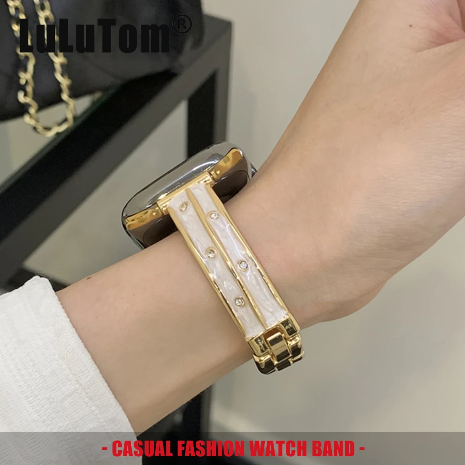 

French-style Resin Metal Bracelet Band for Apple Watch 11 10 9 8 7 6 5 4 SE Ultra Strap Iwatch Series 38 40 41 42 44 45 46 49mm