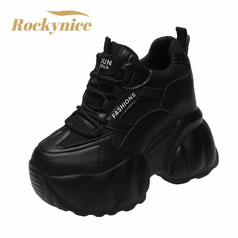 11CM Wedge Heels Shoes For Women Leather Casual Shoes White Black High Top Chunky Sneakers Woman Vulcanized Lace Up Mesh Shoes