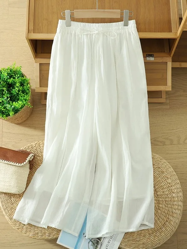 Calças Fenas de Linho com Renda Vazada, Perna Larga, Soltas, Retas, Casuais, de Cintura Alta, Estilo Comutador Longo para...