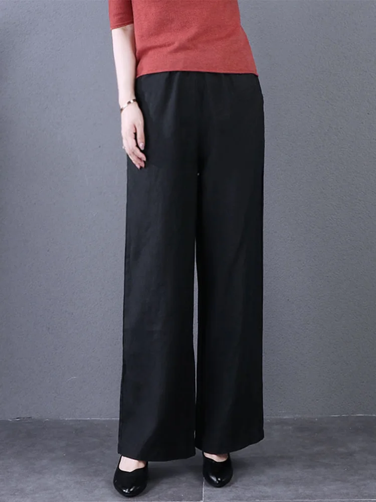 Solto algodão linho calças de perna larga feminina cintura alta em linha reta casual artístico cor pura outono inverno faion commute sle