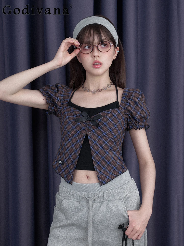 

Japanese Halter Neck Blue Purple Plaid Puff Sleeve Fake Two Pieces Short Shirt Summer Girl Cute Bow Versatile Playful Sweet Top