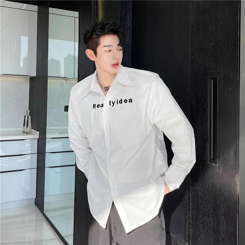 

Style Embroidered Pad Shoulder Double Layer Men's Shirt Trendy Korean Fashion Cotton Long Sleeve Sharp Collar