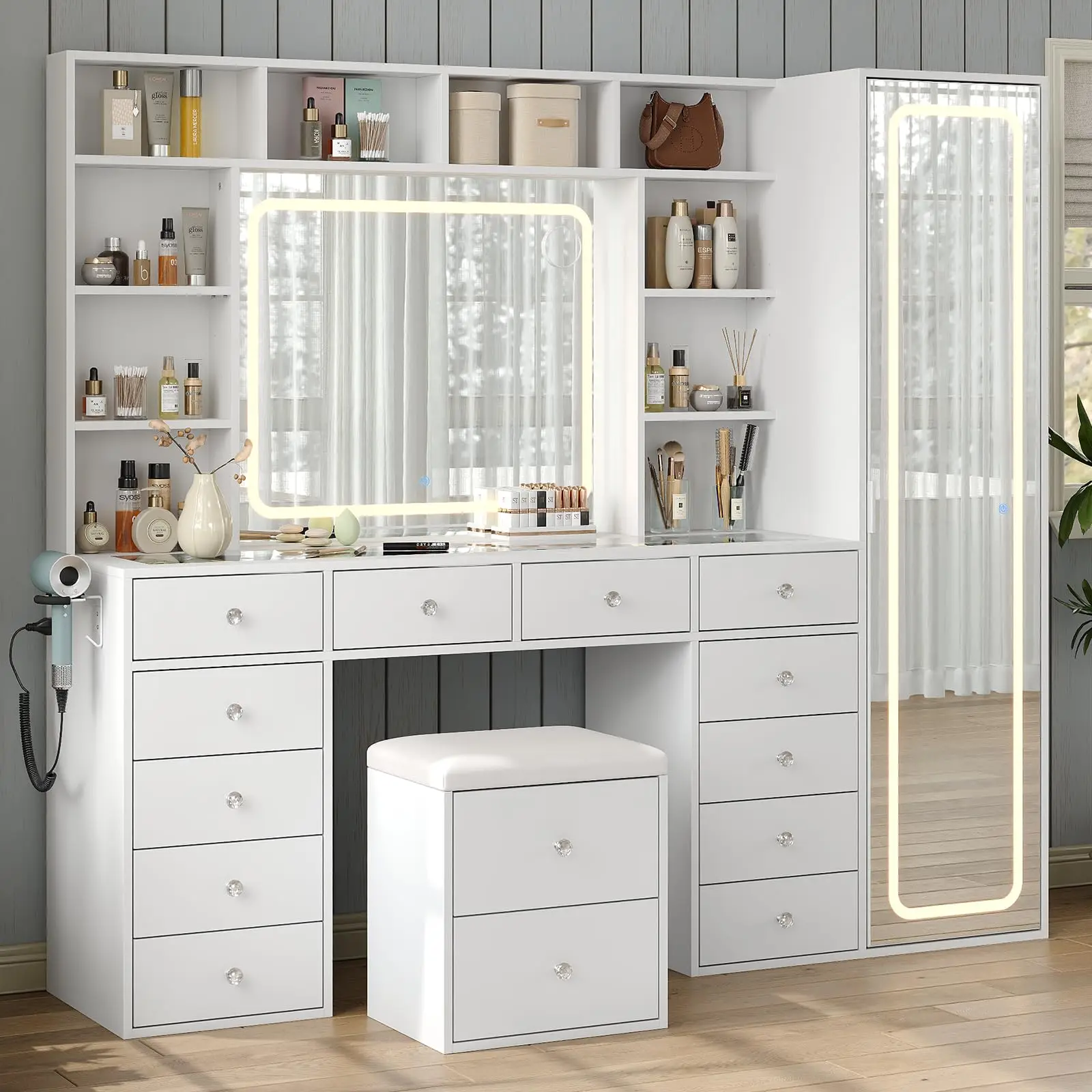 Vanity Desk Full Length Mirror & LED Mirror with Power Outlet, Makeup Vanity 14 Drawers & 10 Shelves, Hidden Storage
