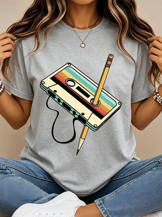 2026 Women Plus Size Casual T-Shirt, Retro Cassette Tape & Pencil Graphic Print Tee, 80s 90s Nostalgic Vintage Rainbow Music Lover Loose Short Sleeve Basic Tops For Daily Outfit