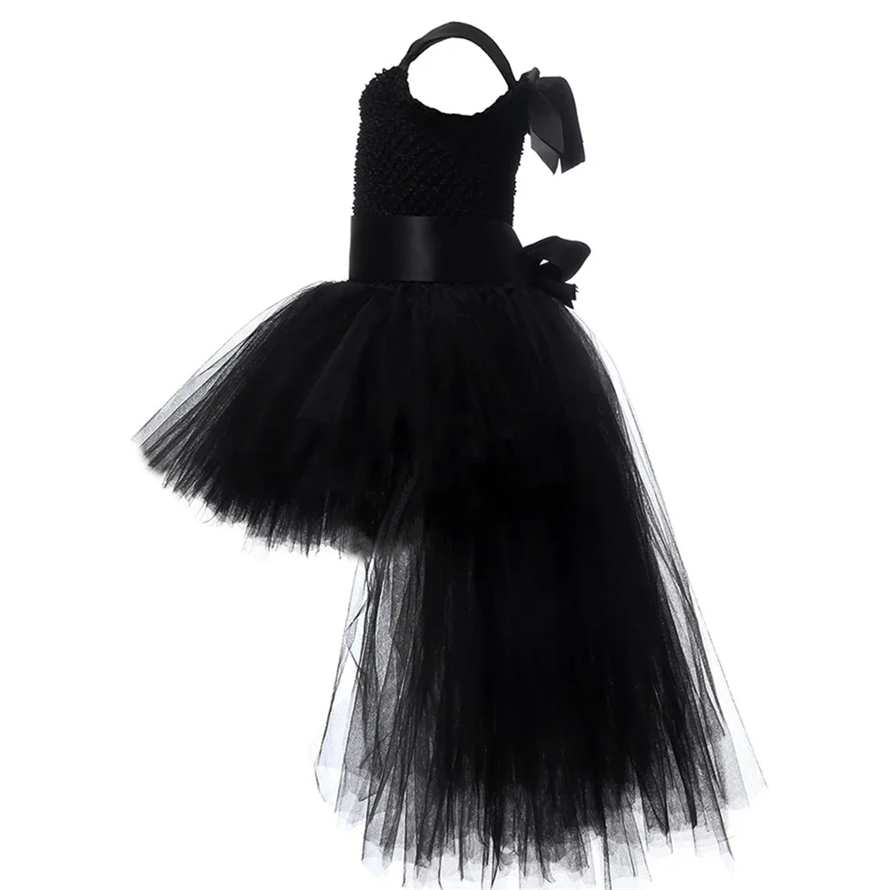 Girls Black Devil Unicorn Tutu Dress V-Neck Train Fallen Dark Angel Fancy Party Dress Carnival Halloween Costume for Kids 1-14Y