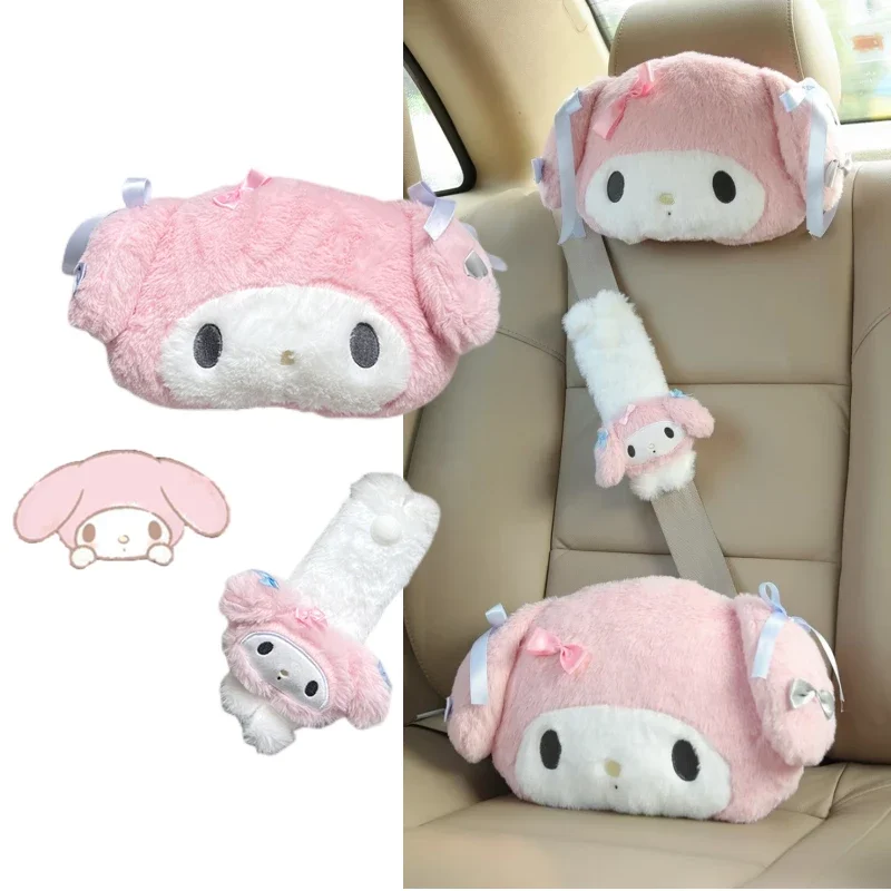 Lovely My Melody Headrest Seat Belt Cover for Car Seat Japanese Style Car Decoration Kawaii Back Cushion Pillow Xmas Gift Girl
