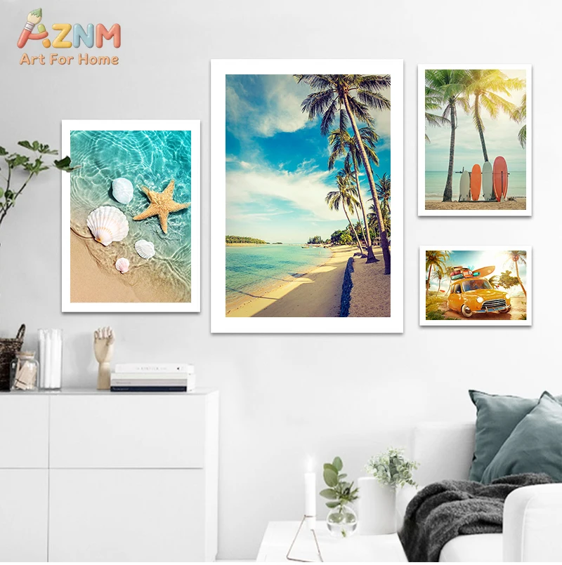 AZNM Tropical Beach Ocean Landscape Wall Art Canvas Print Unframed Summer Palm Tree Starfish Seashell Surfboard Coastal Painting