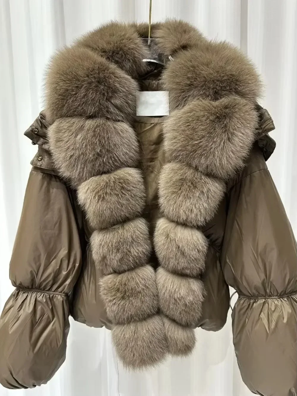 Veste d'hiver en vraie fourrure de canard blanc chaud et épais pour femme, manteau à col en vraie fourrure de renard, avec ceinture, Parka ample et bouffante