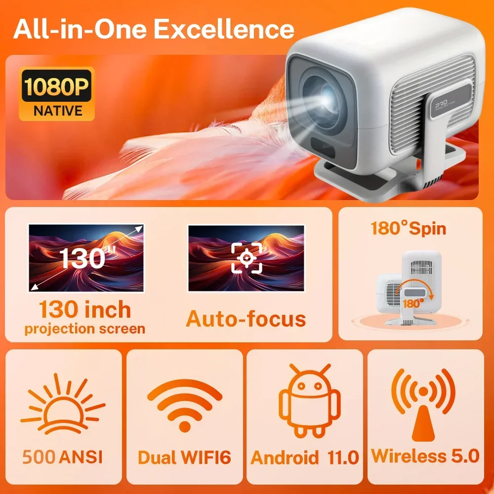 LynCast التركيز التلقائي 4K HD 1920*1080P 500ANSI جهاز عرض محمول أندرويد 11 BT5.4 بنيت 5 واط مكبر صوت هاي فاي للمسرح المنزلي جديد HY300