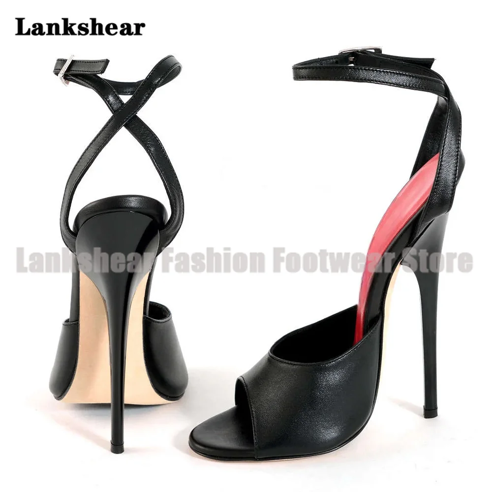 

Black Peep Toe Women Sandals Women Shoes Summer Sexy Round Toe Ankle Strap Buckle Stilettos Pumps Sandalias De Mujer Verano