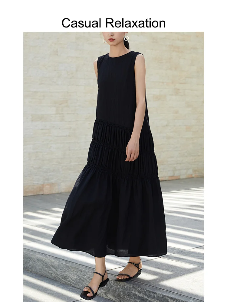 

Новое женское повседневное платье весна-лето с плиссировкой, круглым вырезом, свободной талией, черное, длинное