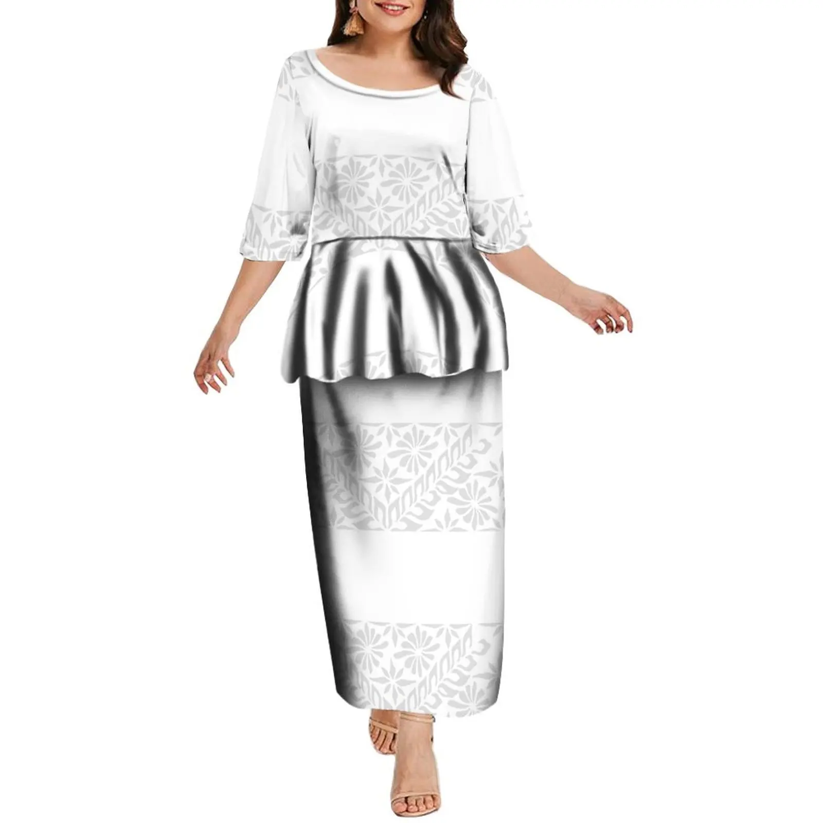 2024 New Maxi Polynesian Women's Summer Short Sleeve Puletasi Pleated Skirt Pacific Island Art Dress Mother's Day