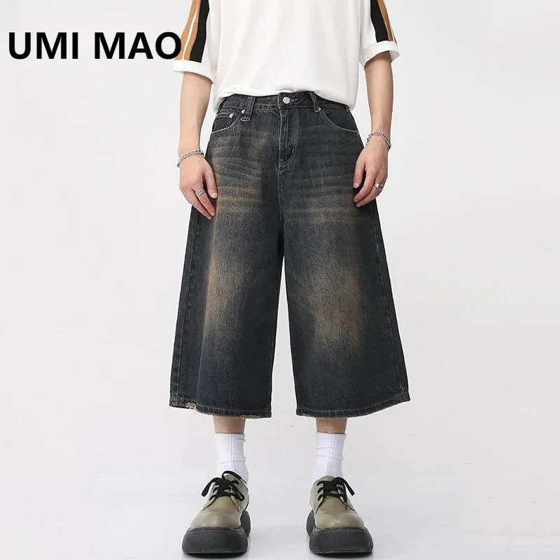 

UMI MAO Korean Style Vintage Men's Jeans Summer Loose Male Wide Leg Knee Length Shorts New Washed Fashion Denim Trouser