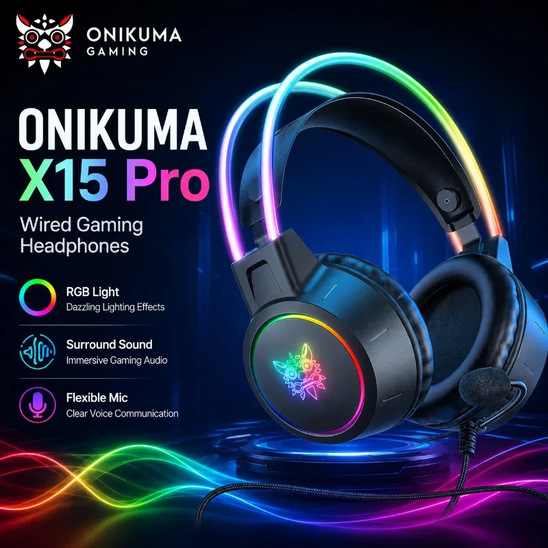 ONIKUMA X15 Pro Over Ear Gaming Headset Wired RGB Light Flexible Mic Stereo Headphones Surround Sound for PC PS4 PS5 Xbox Laptop