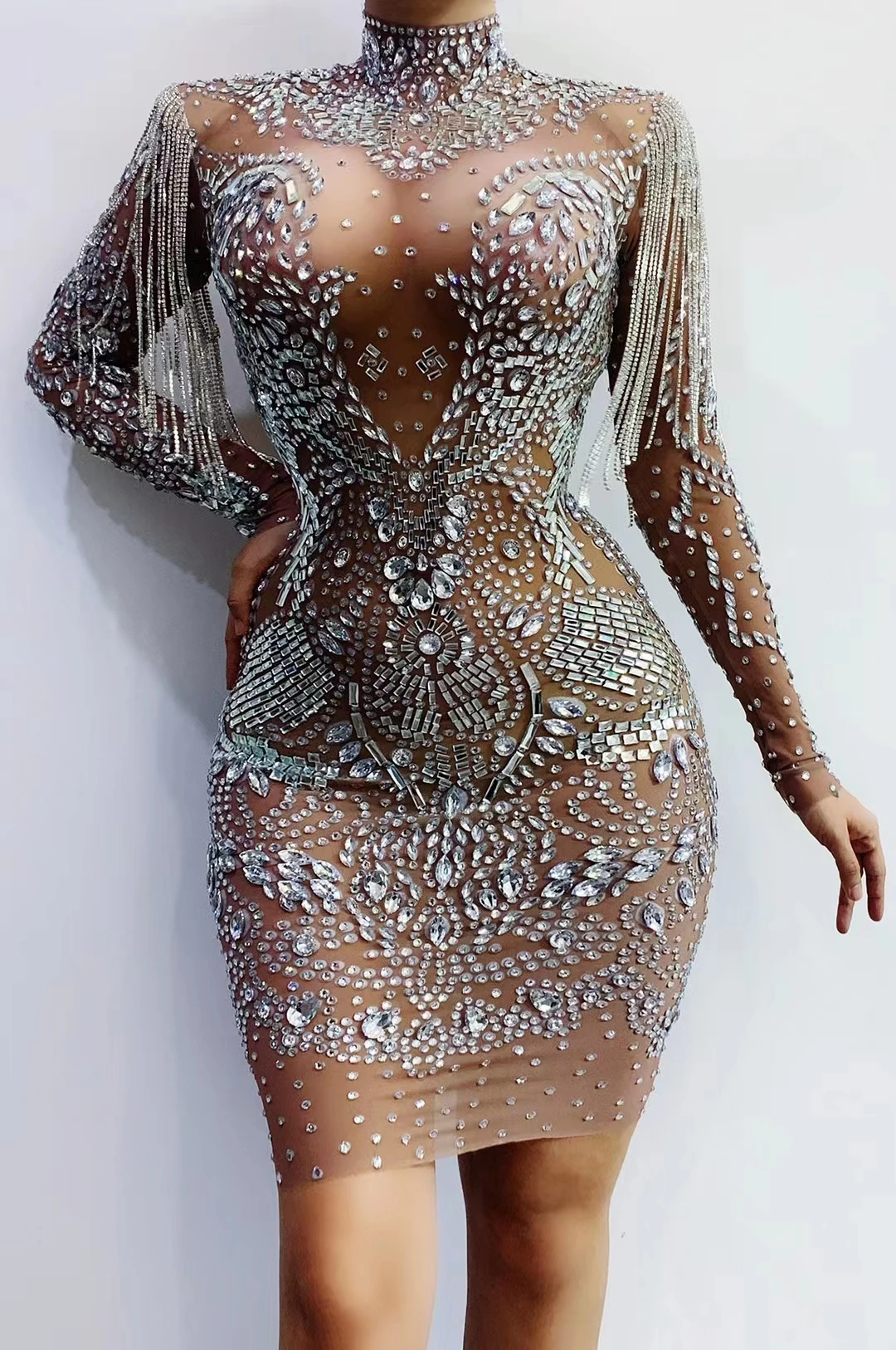 

Sparkly Silver Rhinestones Fringe TransparentDress Women's Birthday Celebrate Mesh OutfitBar Women Dancer Dress A179