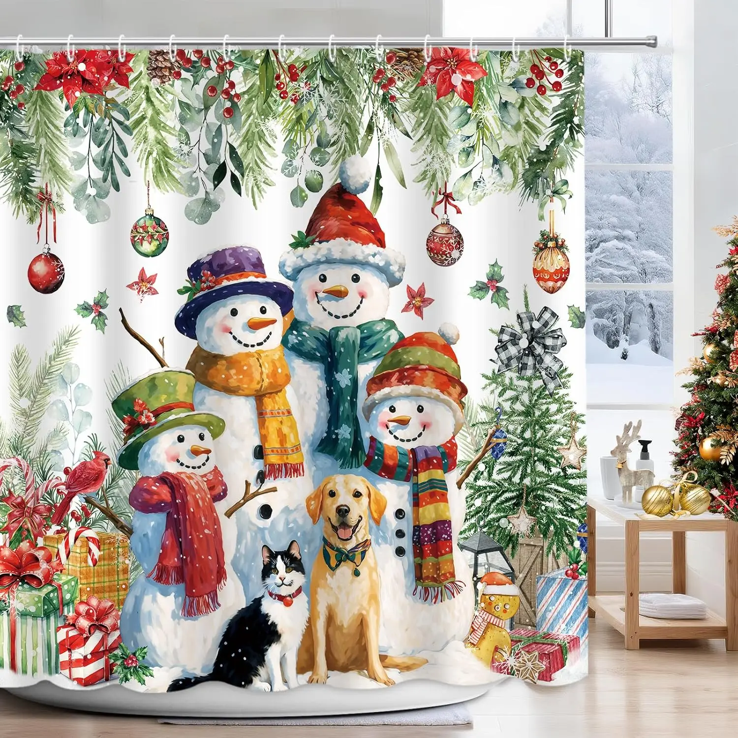 

Рождественская занавеска для душа со снеговиком, собака, кошка, эвкалипт, рождественская елка, цветочный декор для ванной комнаты, занавеска для душа, зимние каникулы Happy