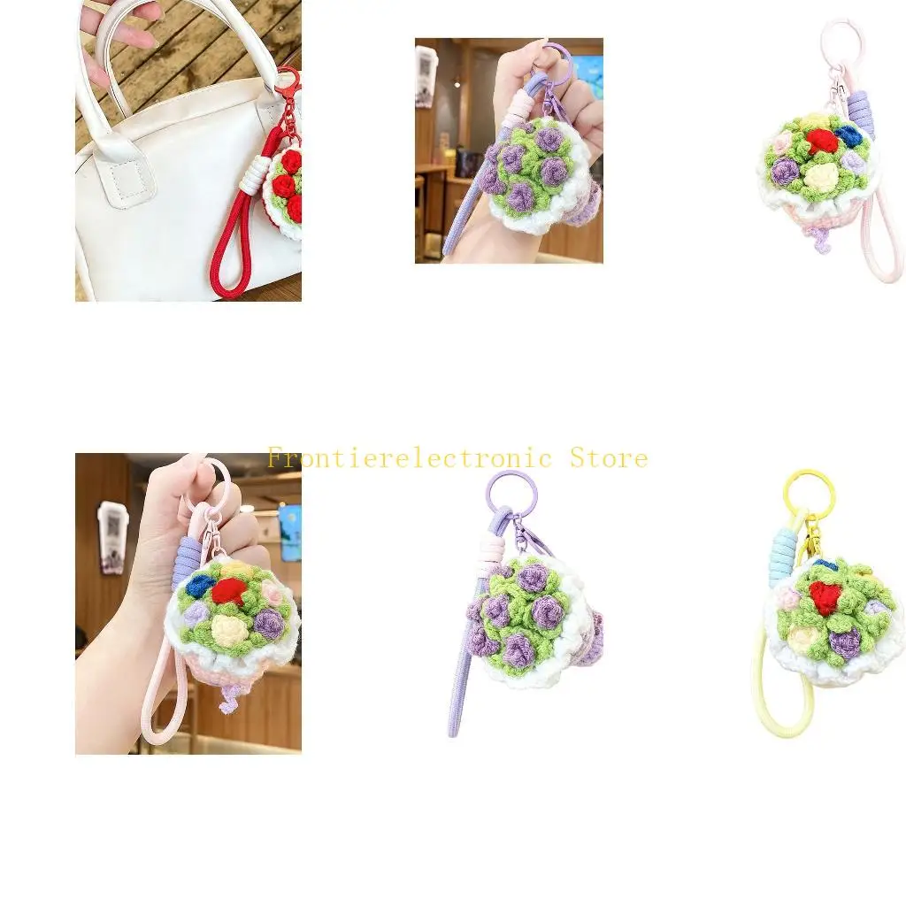 G8DB Fashion Knitted Flower Keychain Car Keyring Phone Holder Hanging Ornament for School Bag Purse Belongings