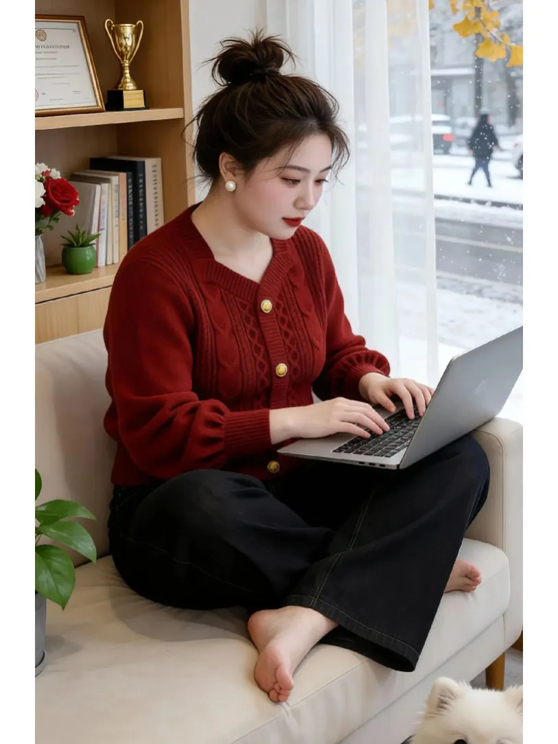 

Stylish Short Knitted Red Cardigan Korean Style Casual Wear Medium Thickness Pure Color Button up Women's Inner Wear Top
