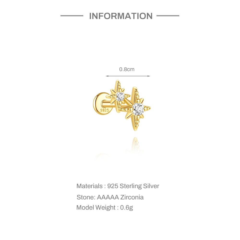 CANNER 1PC 925 Sterling Silver Eight-pointed Star CZ Piercing Earring For Women Ins Star Moon Tassel Chain Stud Earring Jewelry