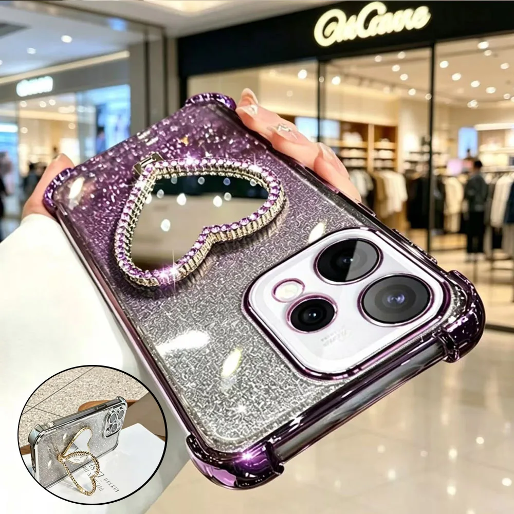 Glitter Heart Mirror Holder Bracket Phone Case For Samsung Galaxy A17 A07 A37 A57 A27 A56 A36 A26 A16 A55 A35 Shockproof Cover