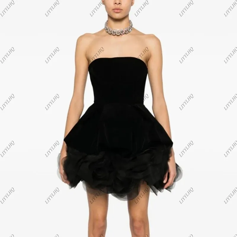 Fashion Black White Velvet Mini Cocktail Dress Hot Sale Ruffled Flower Petal Layers Strapless Girls Short Formal Party Dresses