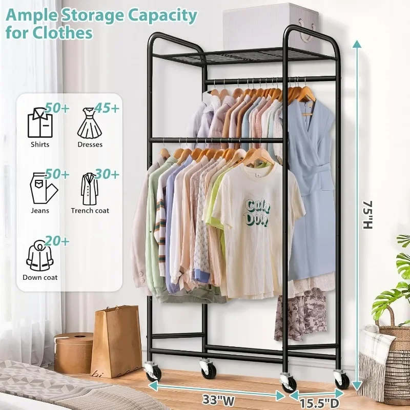 Double Rod Long Clothing Racks for Hanging Clothes, Heavy Duty Rolling Garment Rack with Top Shelves