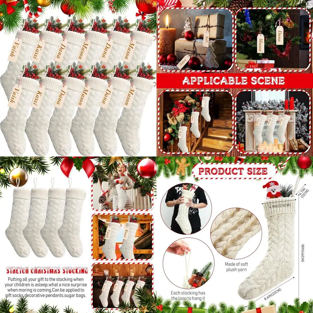 

18 Large Family Knitted Christmas Stockings Set of 12 with Personalized Name Tags for Holiday Decor