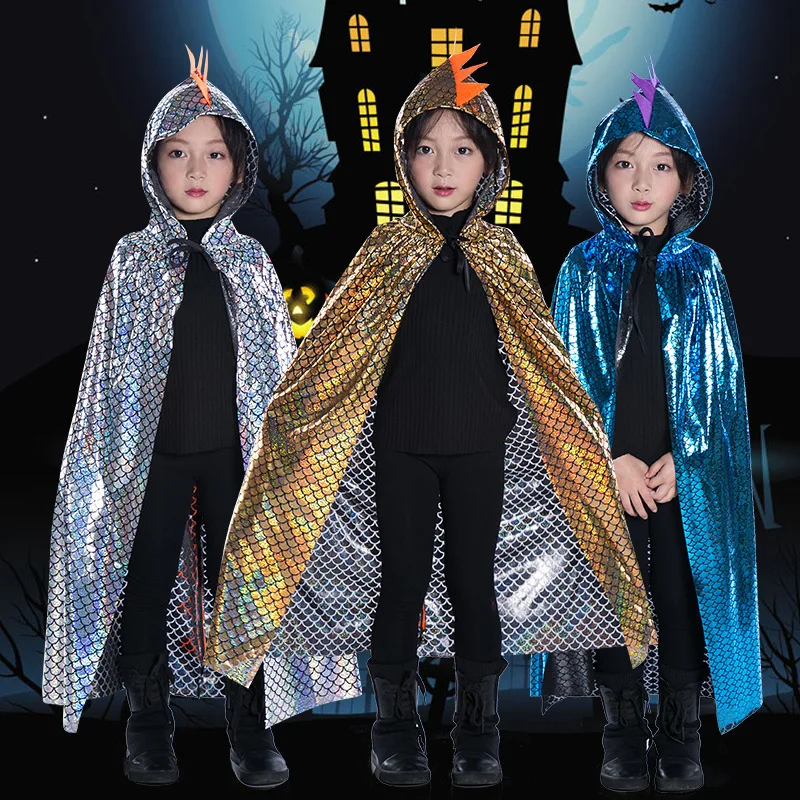 

Halloween Dinosaur Cape Carnival Party Costume Children's Performance Little Dinosaur Gold Foil Hooded Cape Performance Dress