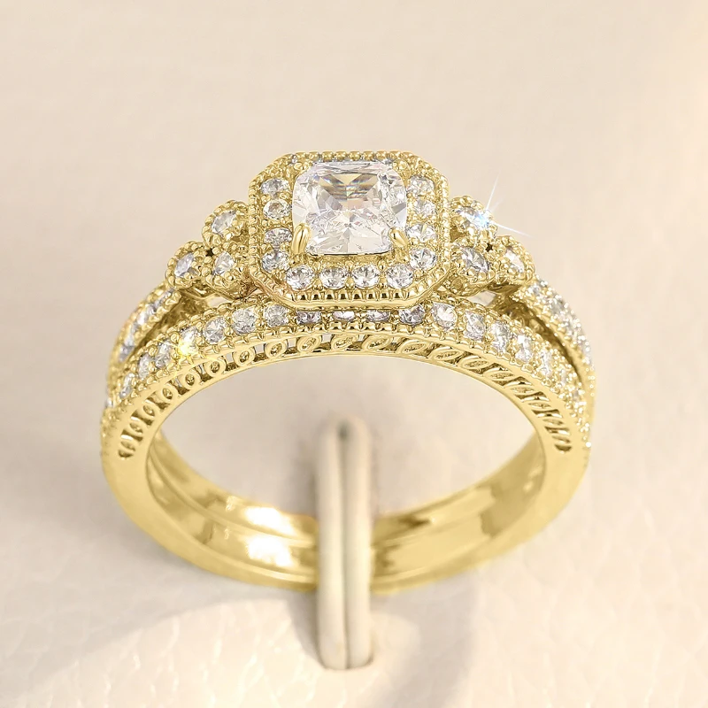 Huitan Fashion 2Pcs Set of Rings for Women Double Layer Stackable Fashion Jewelry Trendy Cubic Zirconia Stone Finger Accessories