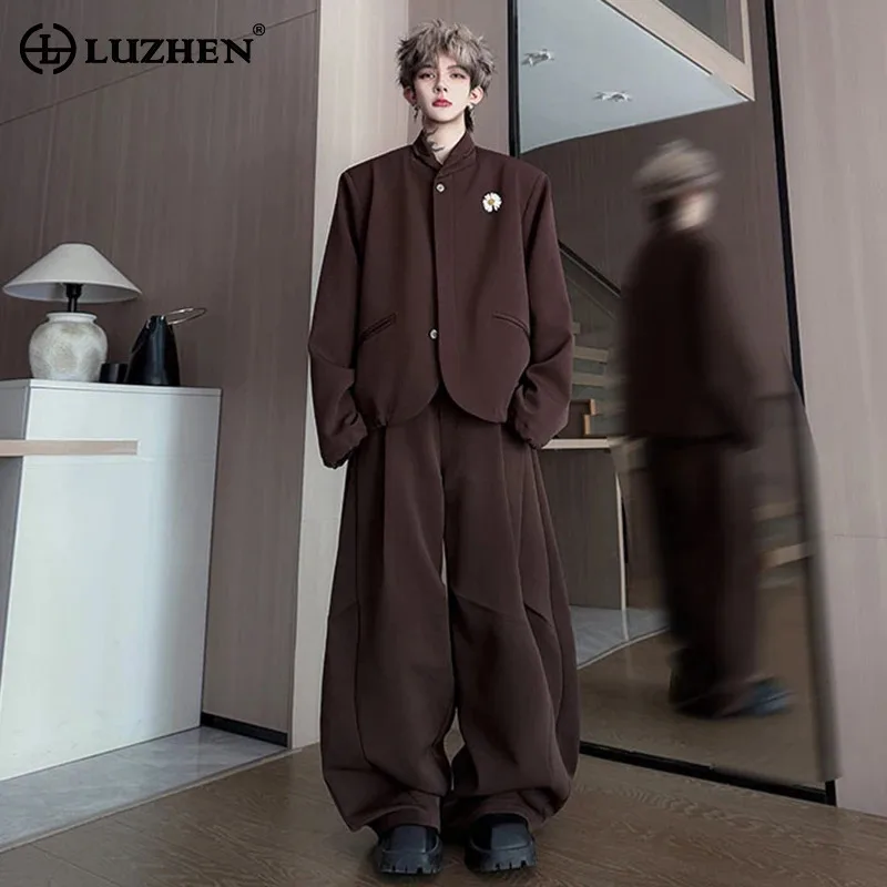 LUZHEN Solid Color Two-piece Sets Men Fashion Baggy Stripe Wide Leg Casual Trousers 2025 New Handsome Blazer Coat Clothes JY4302