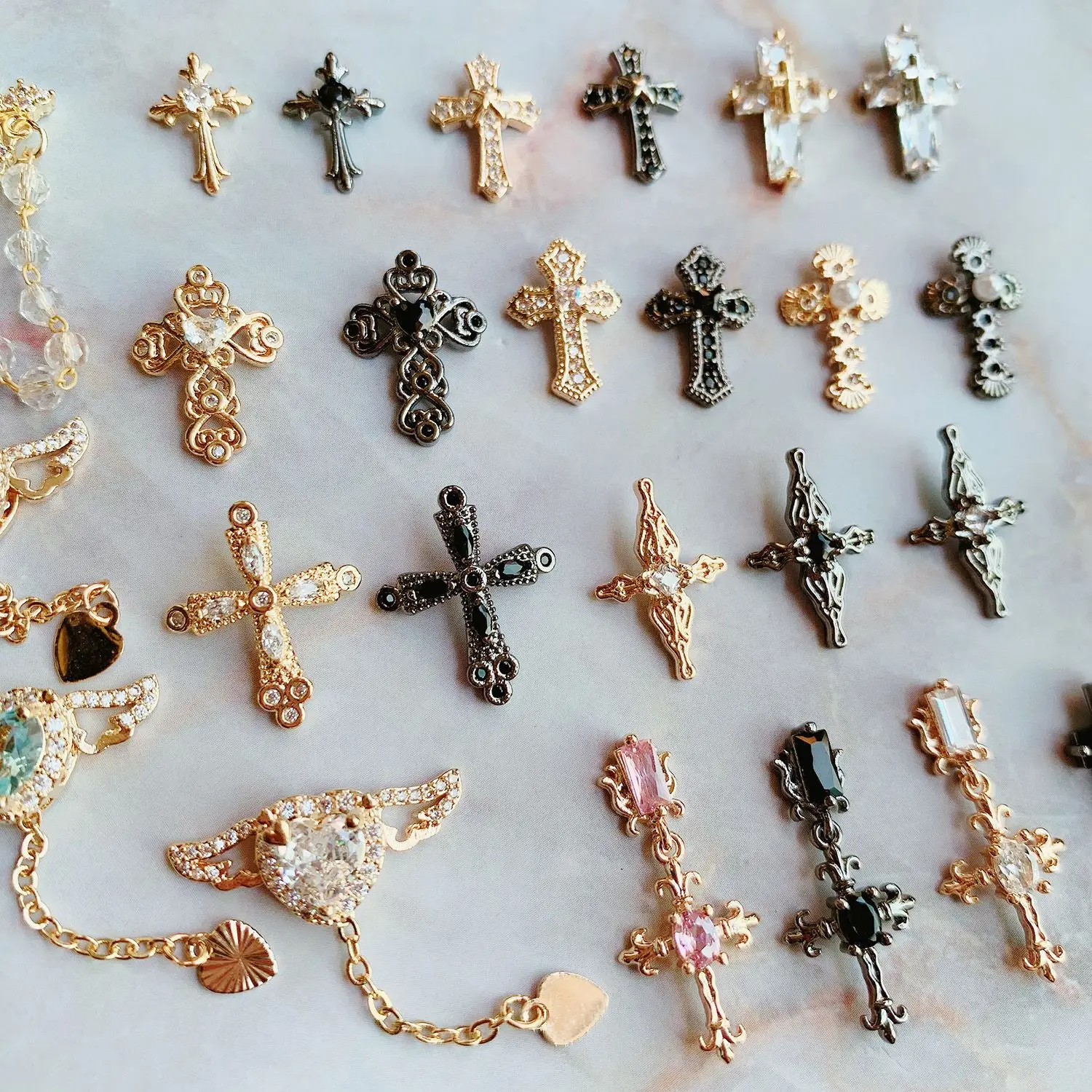 10pcs/lot Dark Black Cross Crucifix Heart Nail Art Parts Zircon Crystal Manicure Nails Accesorios Supplies Decorations Charms