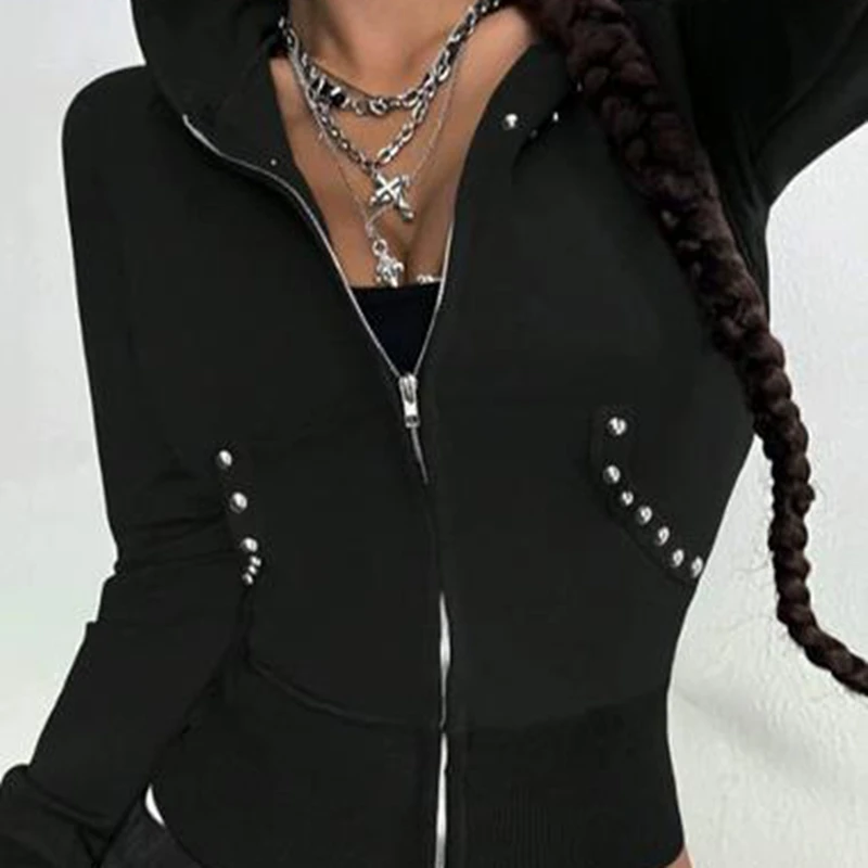 여성 후드 긴 소매 리벳 지퍼가 달린 스웨트 셔츠 캐주얼 자켓 데일리웨어 야외 활동 streetwear