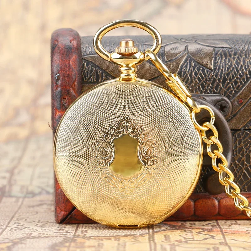 Luxury Yellow Golden Shield Case Men Women Automatic Mechanical Pocket Watch Antique Roman Number Dial Clock with Pendant Chain