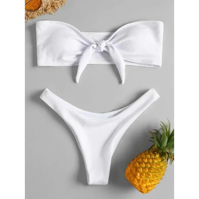 Sexy Micro Bikini Set Bandeau Swimwear Women Ribbed Solid Split Bikini Push Up Summer 2025 New Swimming Suit Beachwear Two Piece