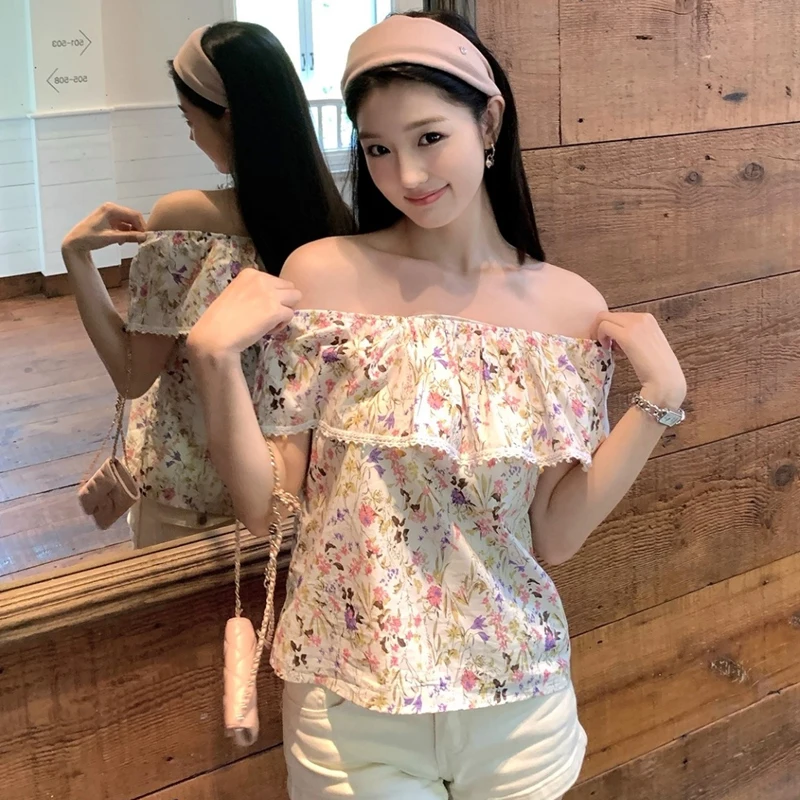 

Dreamy Summer Sweet Fully Floral Printed Lace Off-shoulder Holiday Daily Women Top