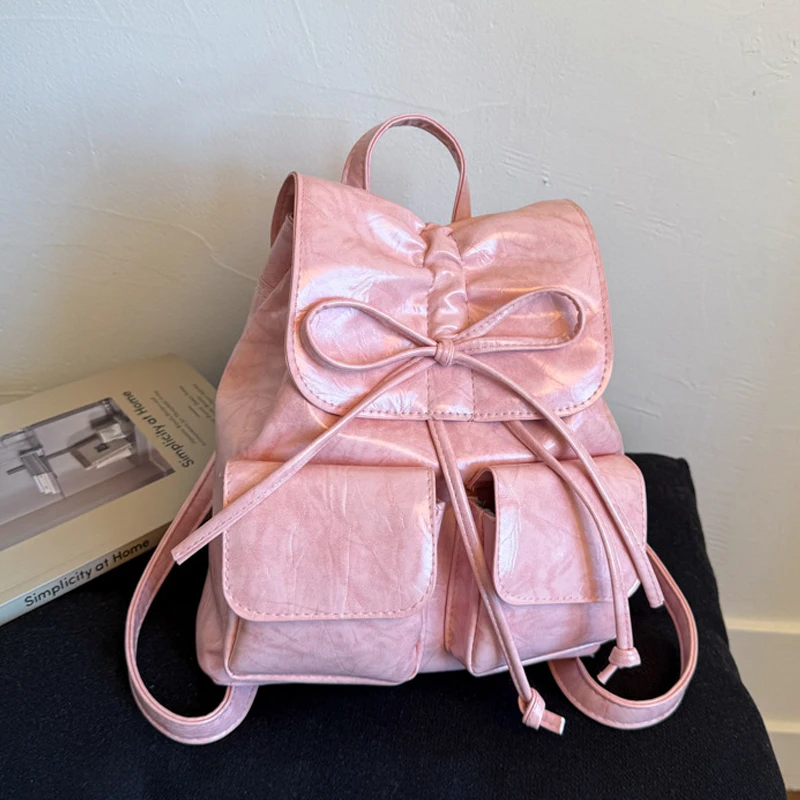 Korean Bow Pleated Backpack for Women Fashion Multi Pocket Student PU School Bags Versatile Leisure Travel Small Backpacks
