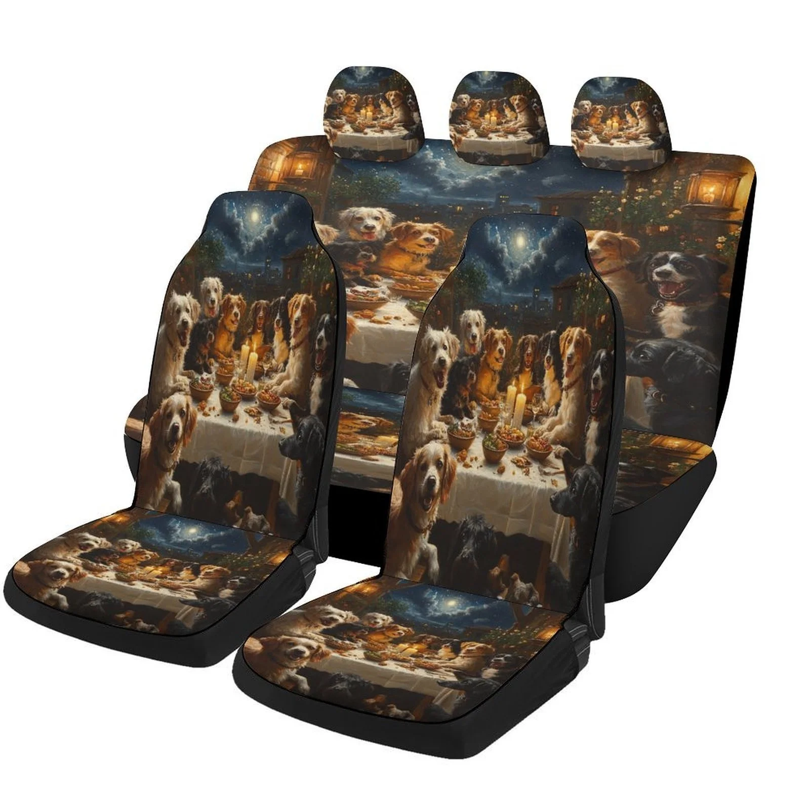 Dogs' Dinner Party Themed Car Seat Cover Set - Trendy High-Quality Polyester Full Set For 2 Front & Rear Seats, Fashionable Anim