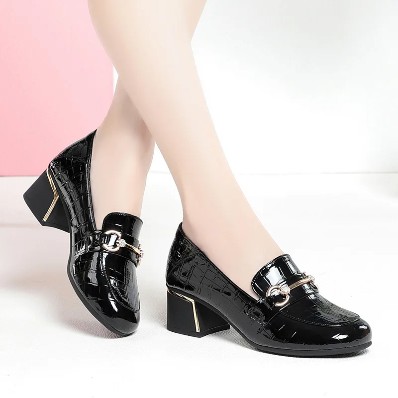 

Women Pumps Luxury Black Patent Leather High Heels Fashion Square Toe Block Heel Women's Shoes Office Lady Slip-on Work Heels