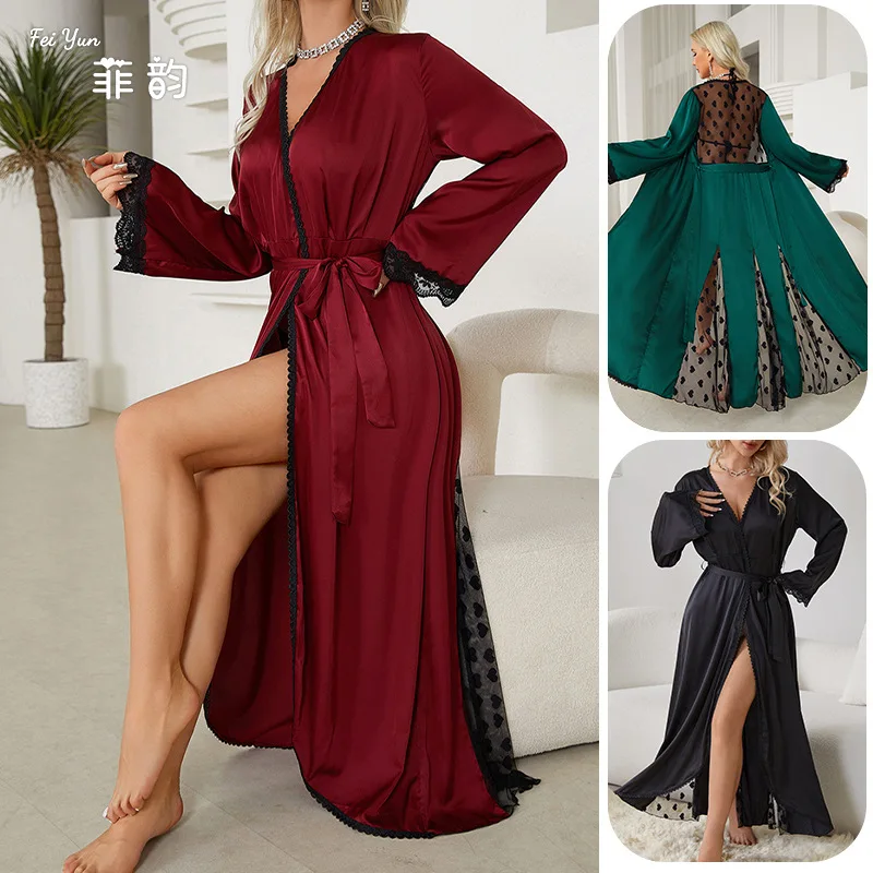 

Mesh Sleeve Robe Long Sleepwear Lady Satin Kimono Bathrobe Sexy Embroider Edge Dress Gown Loose Nightwear Intimate Lingerie