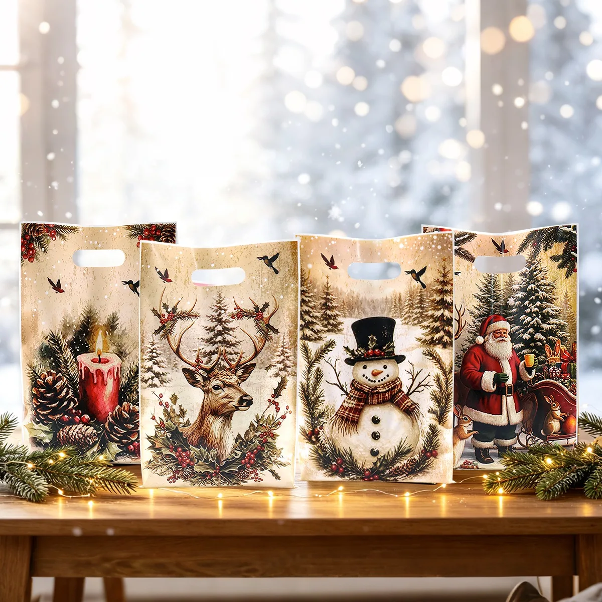 10/20/50 Stück Retro Weihnachtsgeschenktüten 4 Stile Landhaus-Thema Santa Süßigkeiten-Tragetasche Winter-Feiertagsparty-Dekorationen für Zuhause 2026 – Detail 3