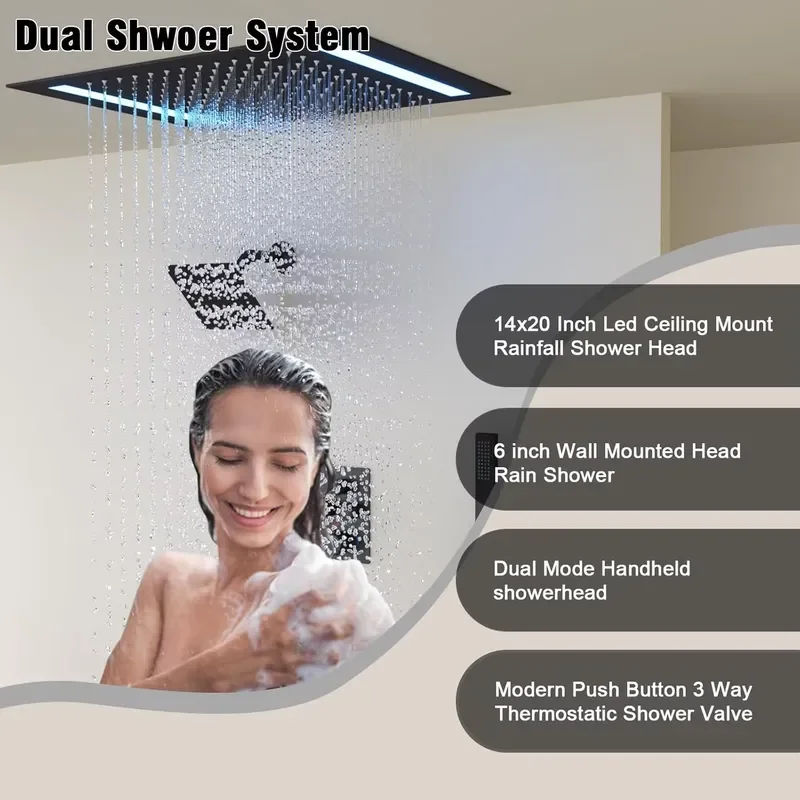 Dual Rain Shower Head System Faucet Set Ceiling Mount LED Wall Heads Handheld Shower Valve 1 Handle Flow Control Matte view 5