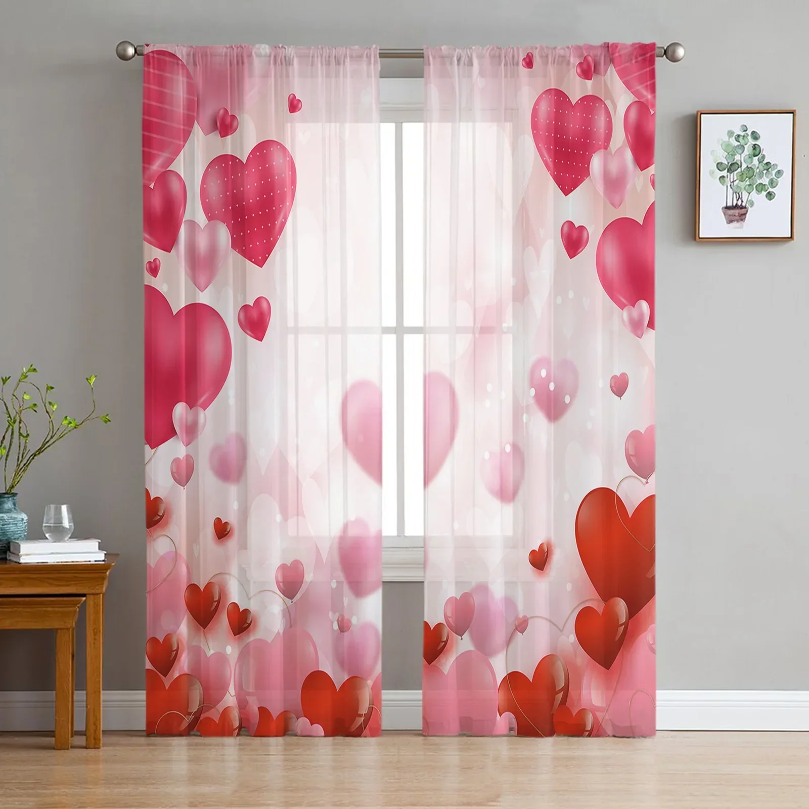 Valentine'S Day Love Balloon Illustration Sheer Curtains Living Room Bedroom Tulle Curtains Voile Window Treatment Drapes