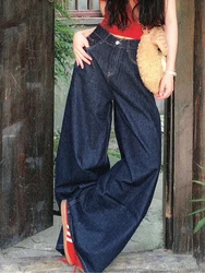 Pantaloni a gamba larga femminili a figura intera classici a vita alta in tinta unita Jeans da donna semplici larghi casuali di moda lavati Vintage americani