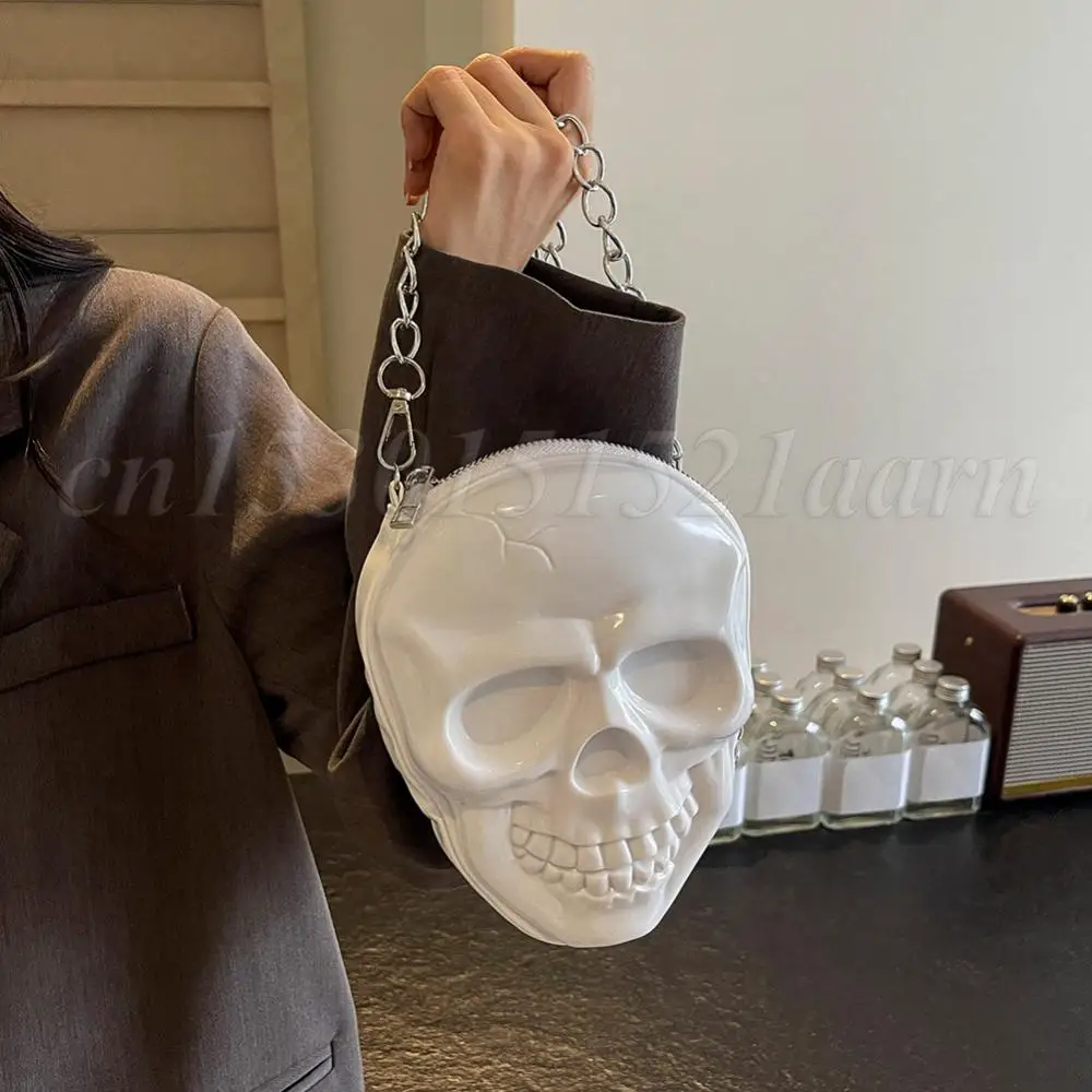 Skeleton Head Chain Bag Halloween Chic Hobo Bag Scary Skull PU Crossbody Bag Large Capacity Satchel Bag Zip Closure Shoulder Bag