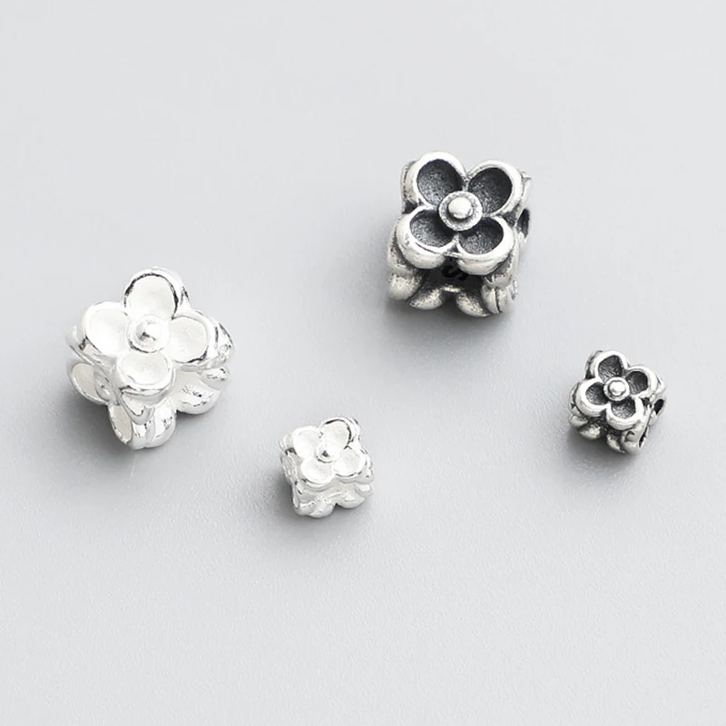 1pc/Lot 925 Sterling Silver Pretty Four Sides Square Flower Beads 4/6.5mm Earrings Bracelets Silver Bead Spacers DIY Jewelry