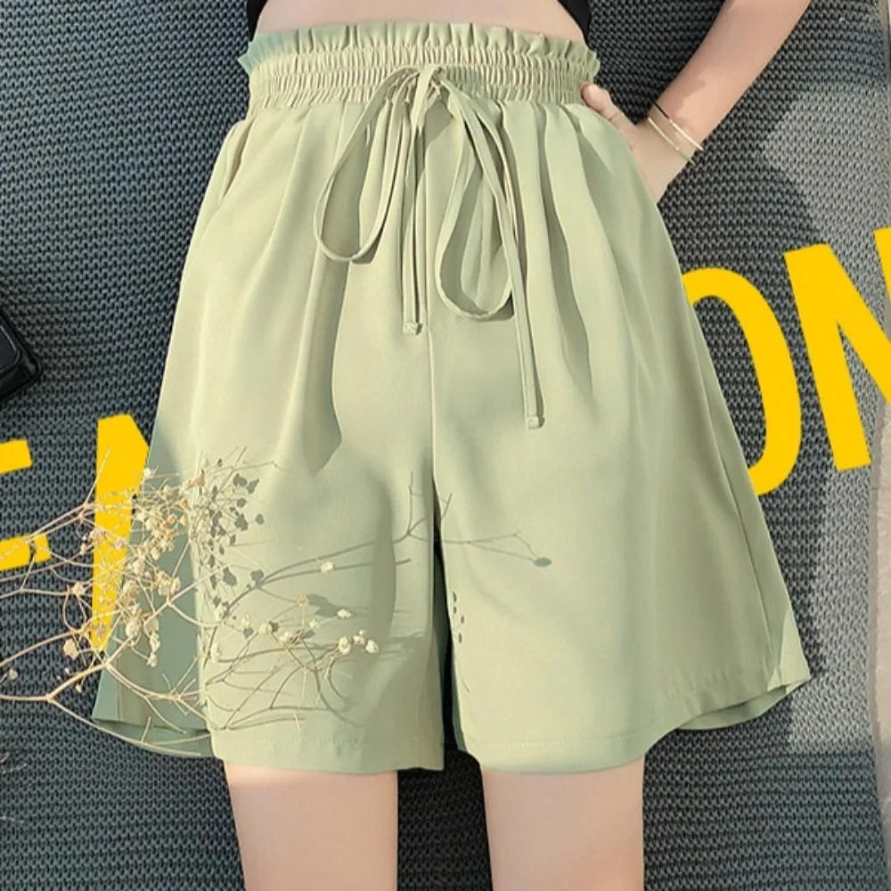 

All Match Ice Silk High Waist Shorts Drawstring Loose Causal Shorts Women Lace Up Thin Wide Leg Pants Streetwear