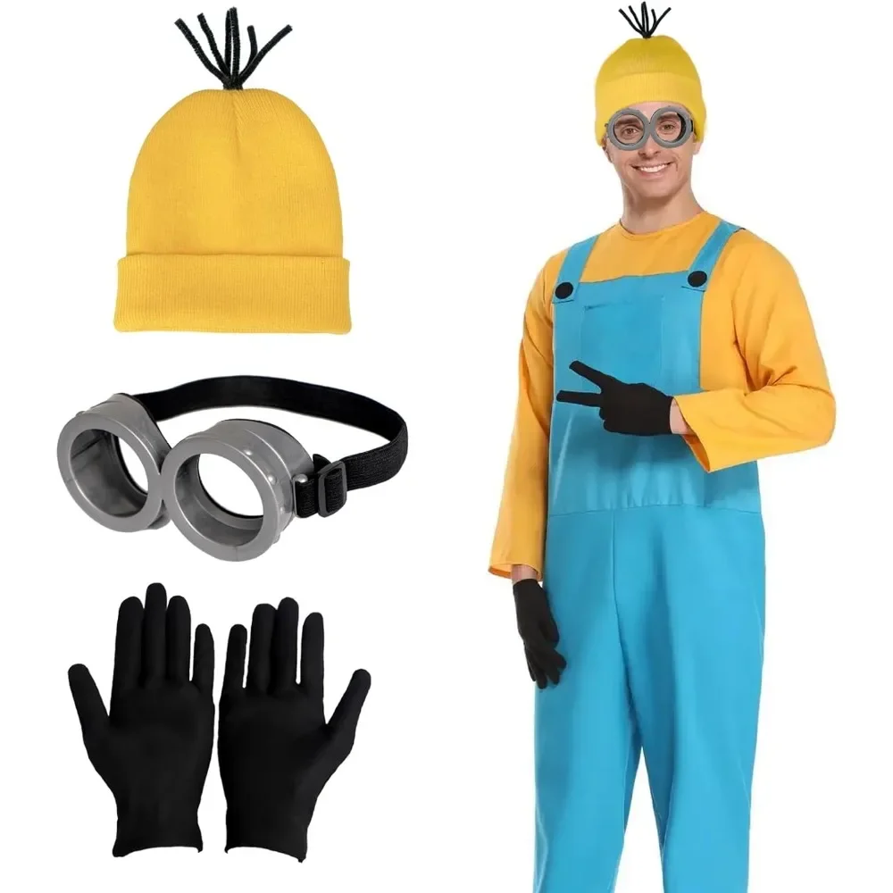 Little Yellow Man Cosplay Costume Goggles Decorative Glasses Beanie Hats Black Gloves Scarf Set Adult Halloween Party Role Play